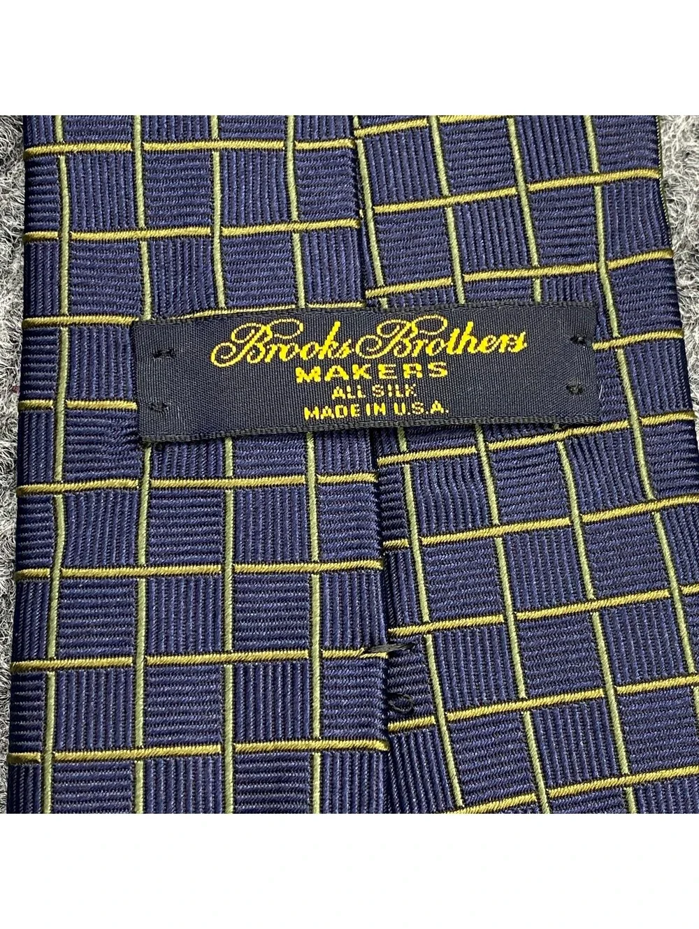 Brooks Brothers Makers Necktie Navy Olive Green Grid Check Textured Silk Tie USA